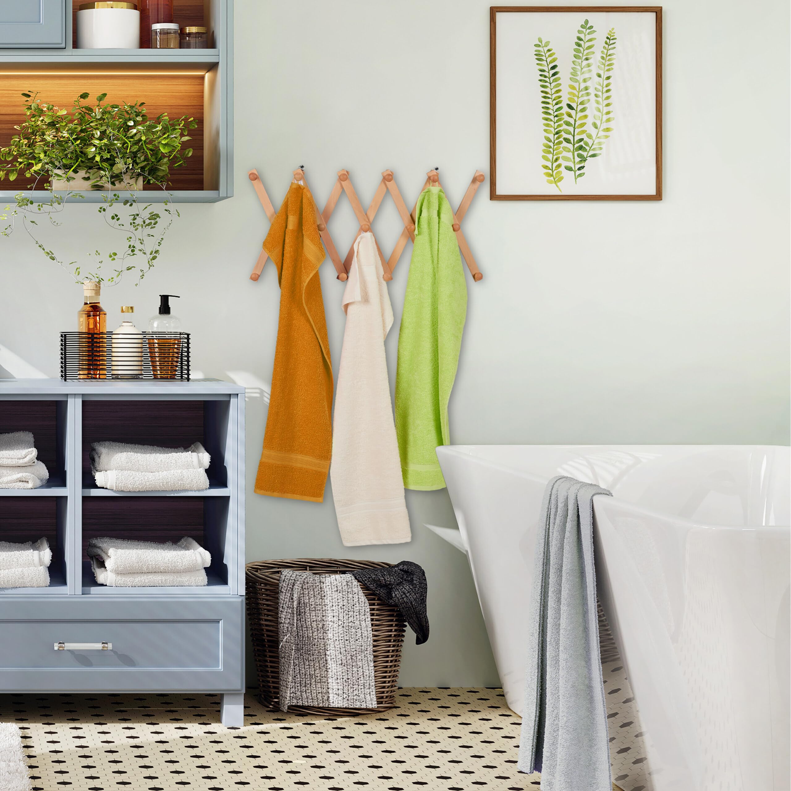 Relaxdays Attaccapanni da Parete, Appendiabiti Allungabile con 17 Ganci, Guardaroba Appendino Ingresso, Legno, Naturale