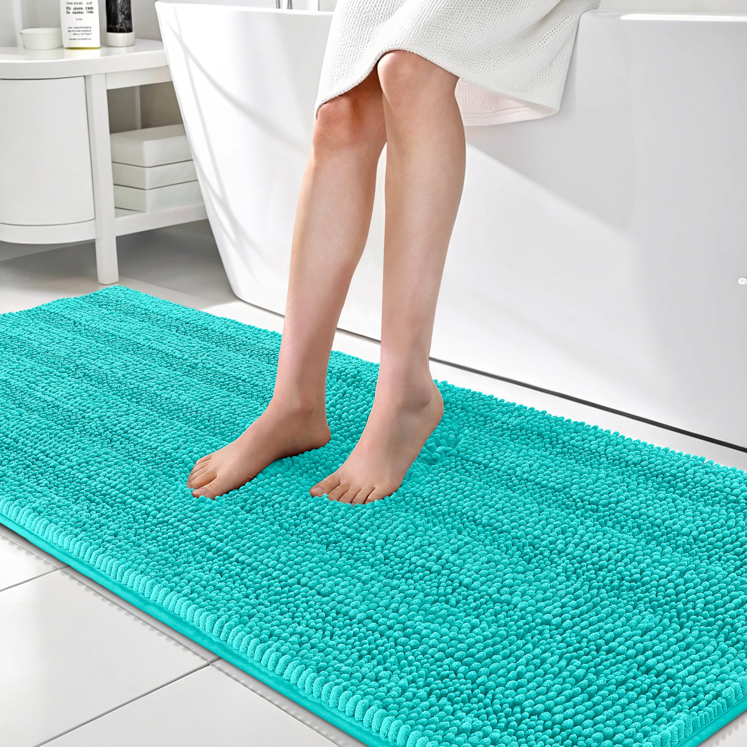 OLANLY Thick Bathroom Runner Rugs 70x24, Soft Chenille Long Bath Rugs, Teal