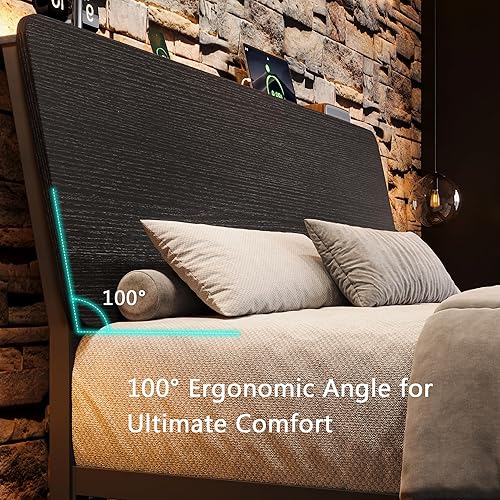 Vista 4 de Marco de cama full con cabecera de almacenamiento ergonómica de madera, marco de cama LED con estación de carga, almacenamiento debajo de la cama