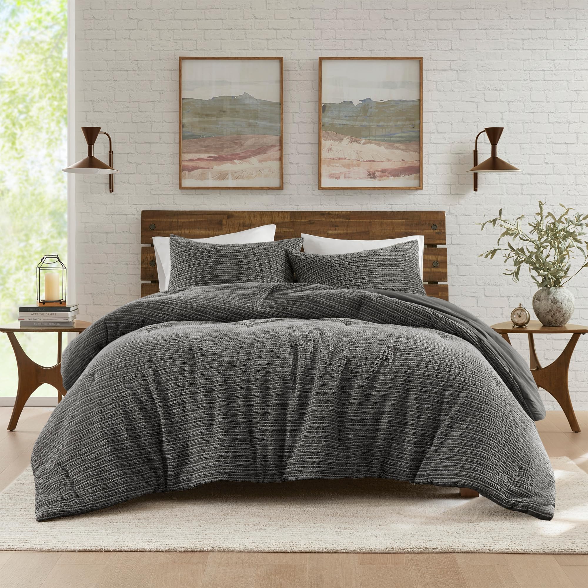 Woolrich King Comforter Set Cotton Waffle Pre-Stone Washed, Oversized Comforter, All Season Down Alternative Overfilled Comforter, Lyon, King/Cal King Charcoal 3 Piece