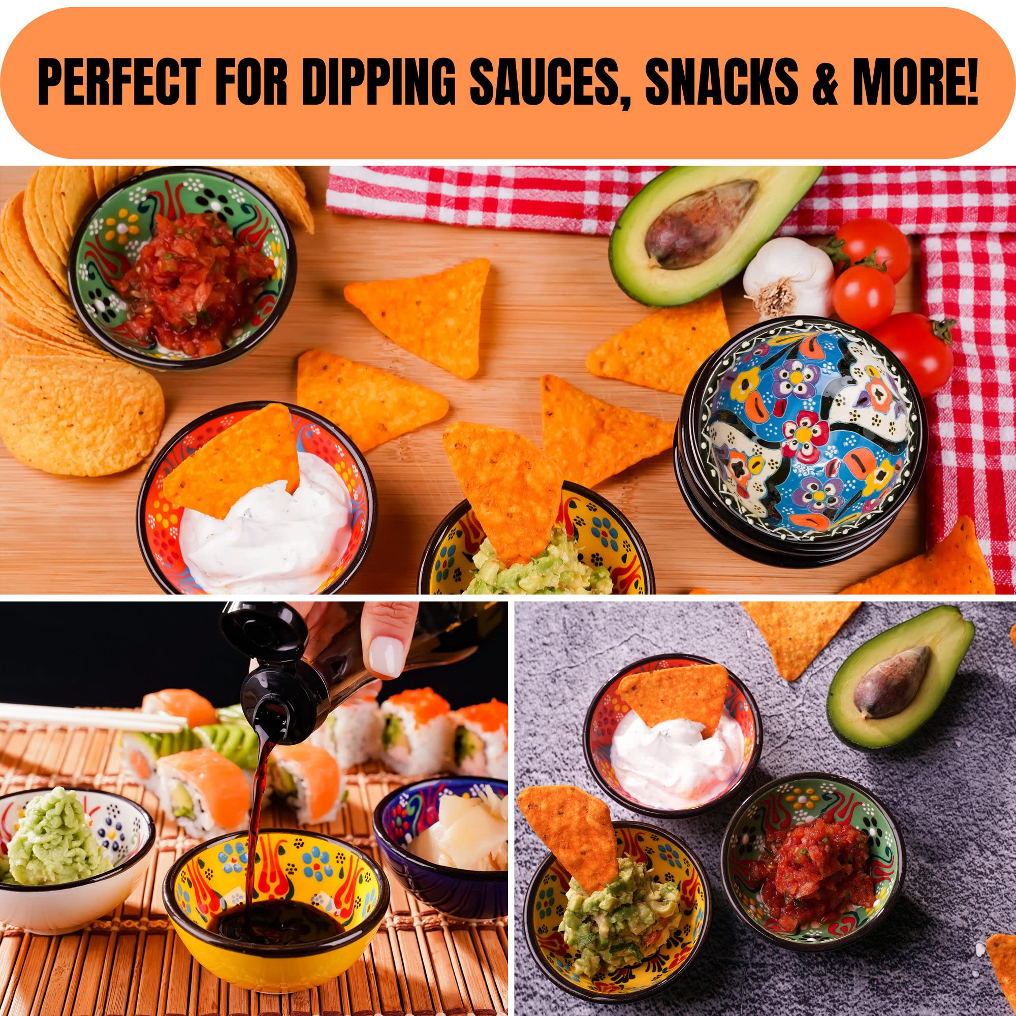 BCS Juego de 6 cuencos de cerámica para pizca de cocina, cuencos pequeños para salsa, platos decorativos hechos a mano (3.2 a 2.5 onzas)