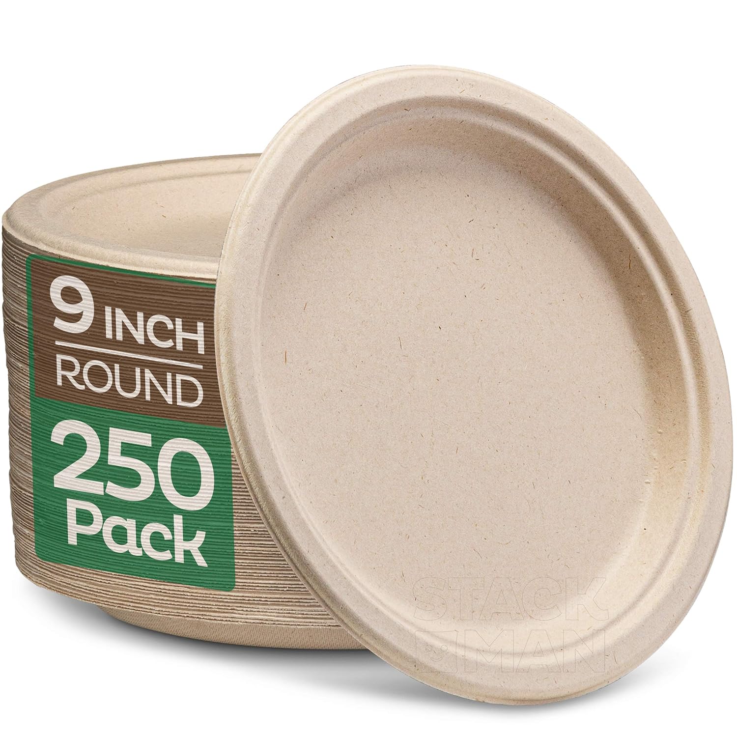 100 Compostable 9" Paper Plates [250Pack] HeavyDuty Quality Natural