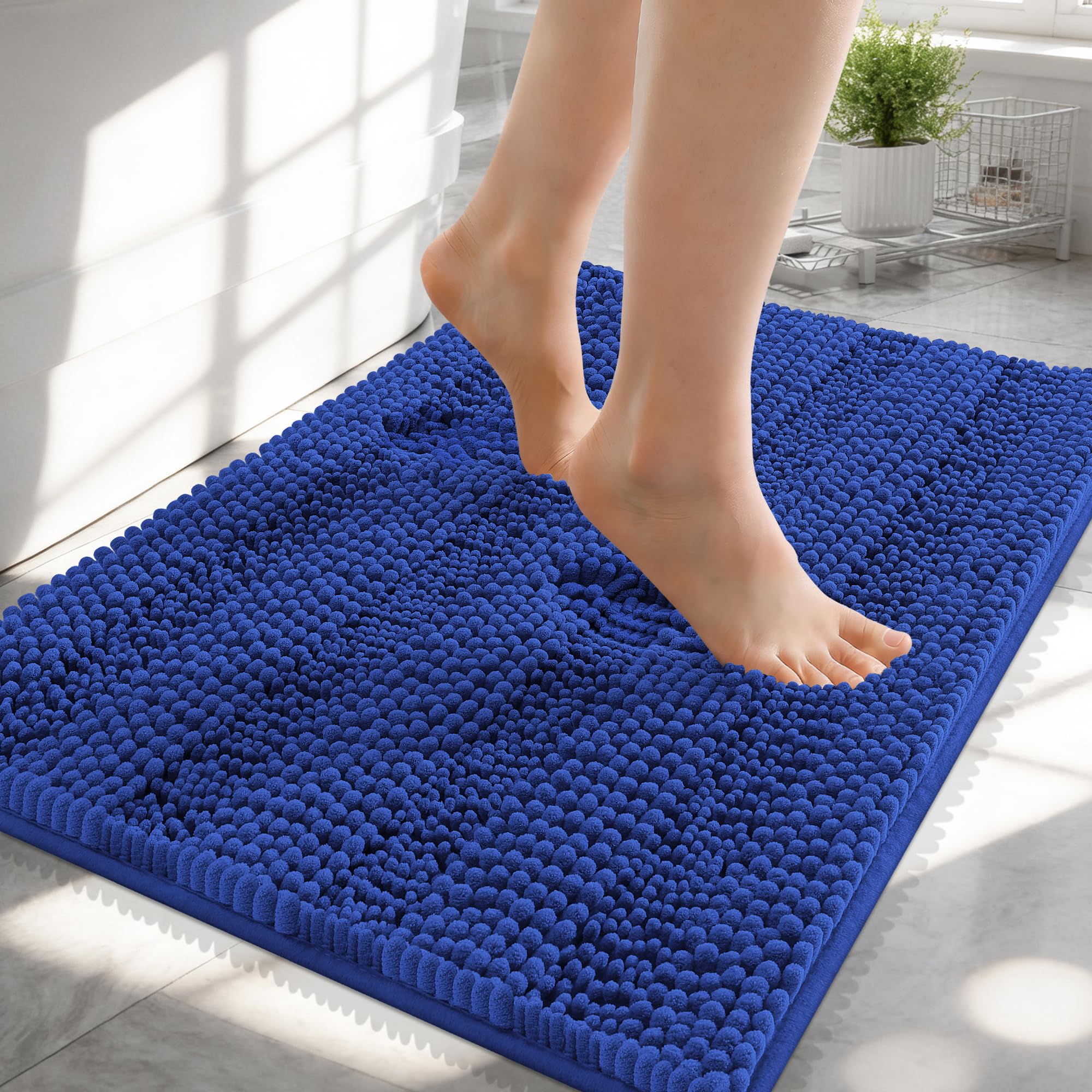 OLANLY Thick Small Bathroom Rugs 24x16, Soft Chenille Bath Rugs, Royal Blue