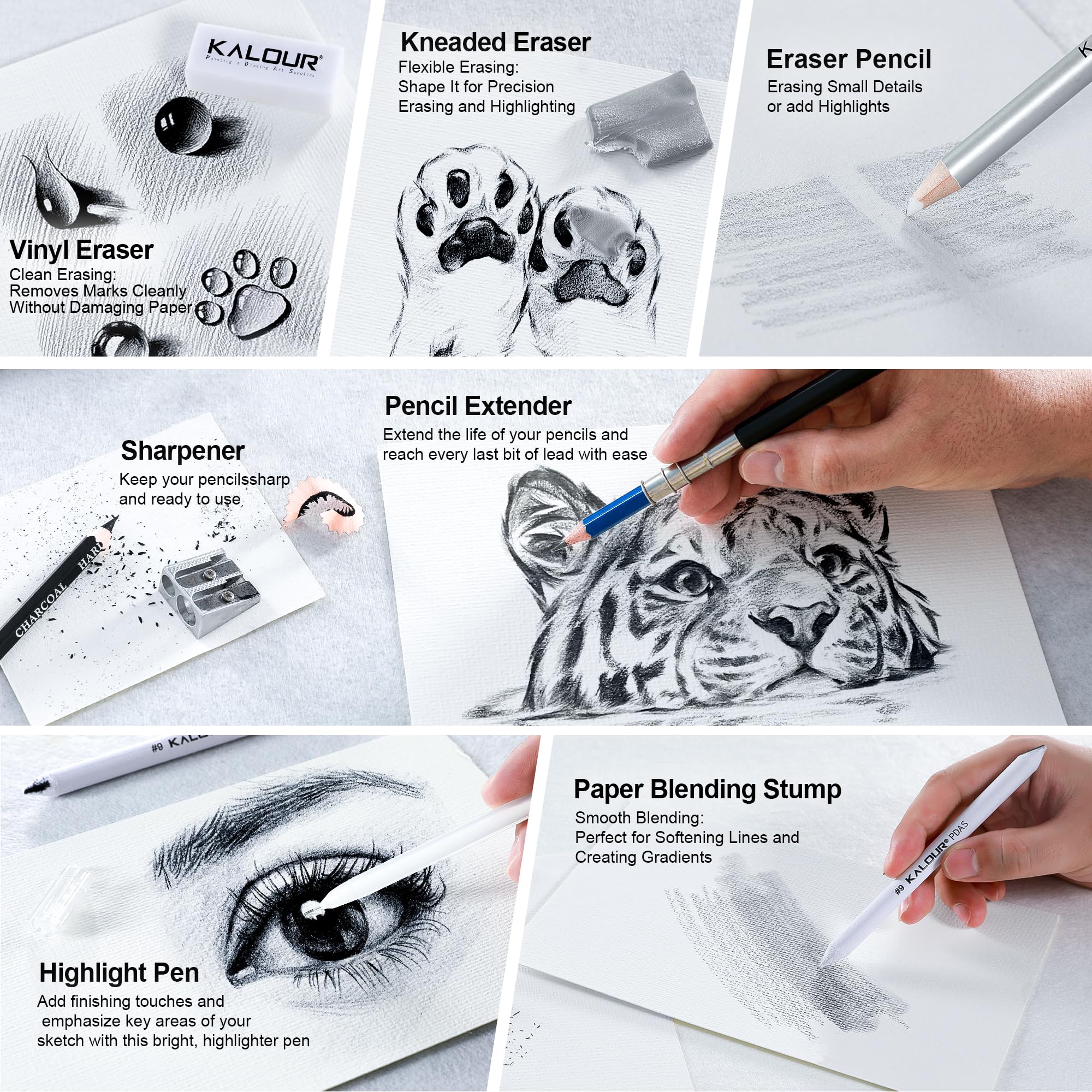 KALOUR Set da disegno professionale da 113 pezzi, set per schizzi con matite grafite e a carboncino, quaderno da schizzo a 3 colori, figura in legno, accessori artistici in astuccio per principianti e