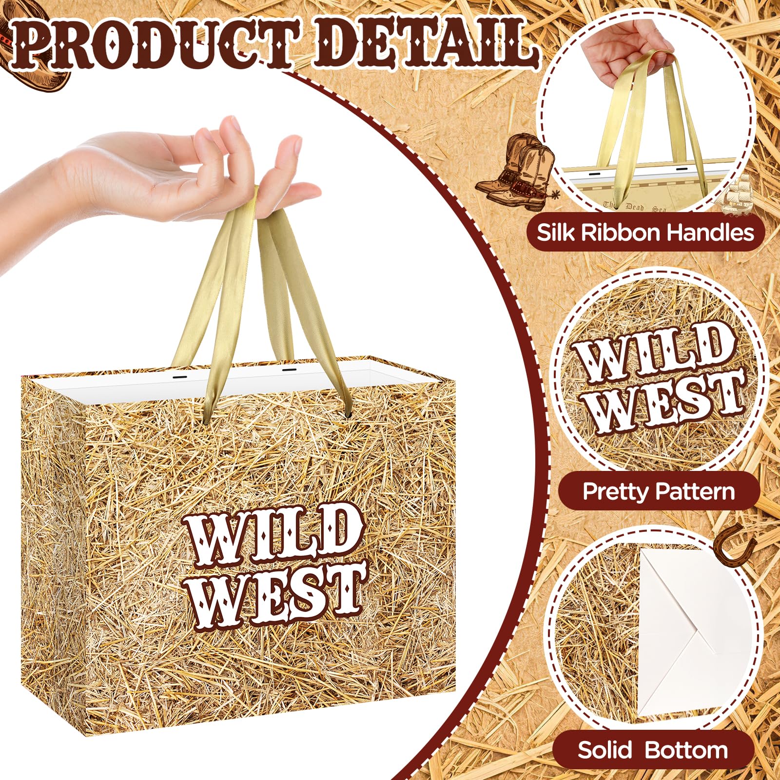 Fake Hay Bales Wild West Gift Bag with Card & Tan Wrapping Papers,Straw Yeehaw Happy Trails Western Gift Bag for Rodeo,Cowgirl Cowboy Birthday,Western-themed Wedding,Country Farm Party Goodie TreatBag