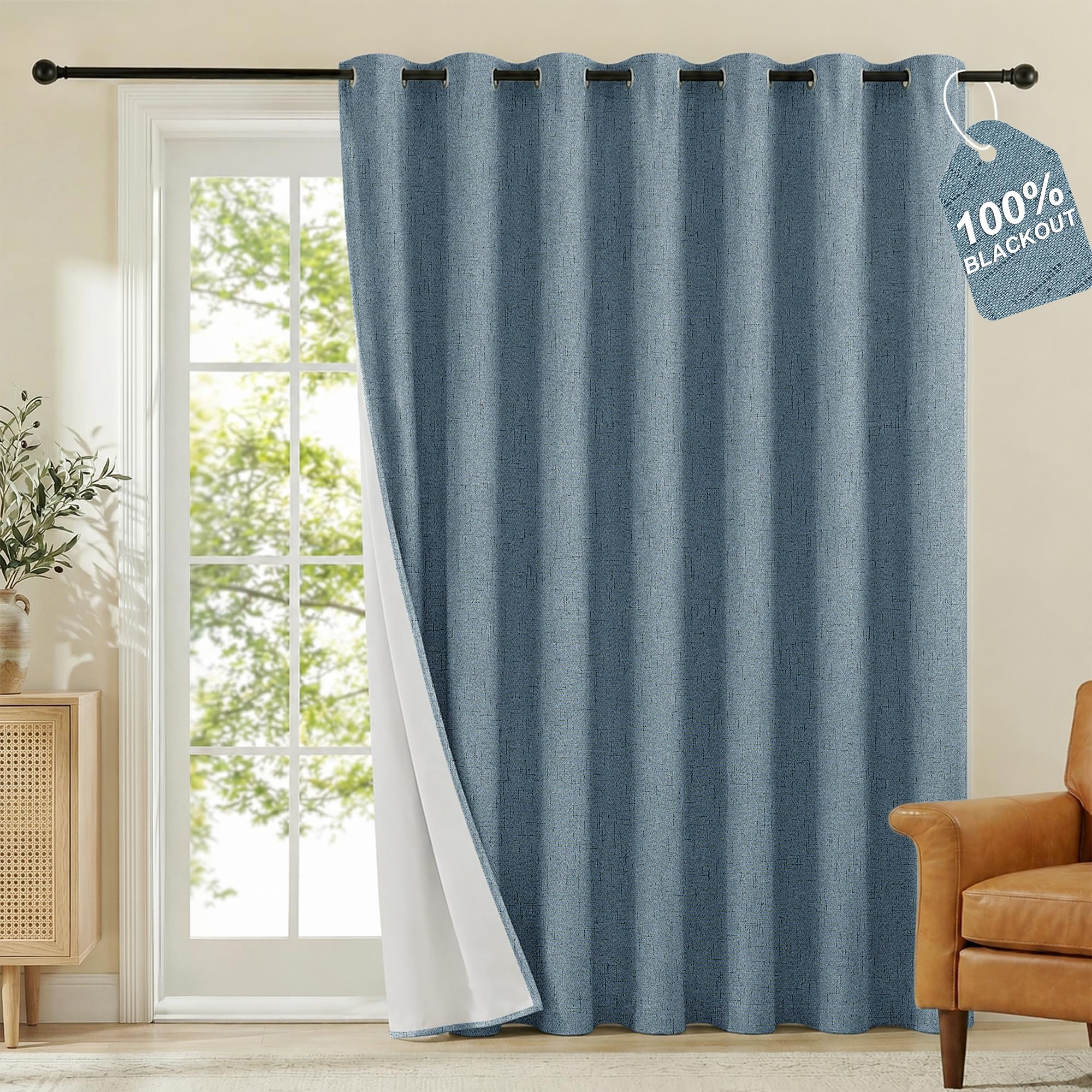 NICETOWN 100% Blackout Linen Sliding Door Curtains with White Liner Composite, Grommet Extra Wide Window Treatments Room Divider Drapes for Bedroom/Living Room, Stone Blue, W100 x L84, 1 Panel