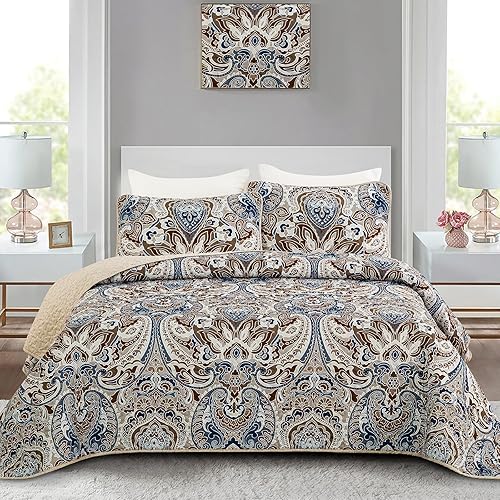 Drucon Juego de edredón bohemio de 3 piezas, color marrón, tamaño King, juego de edredón bohemio de cachemira, edredón de microfibra suave y ligera