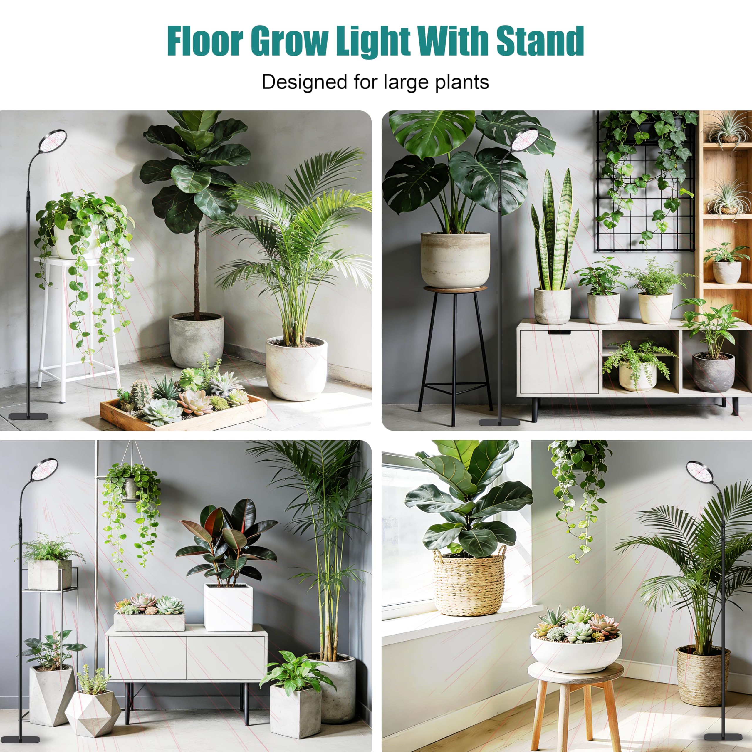 Lámpara para plantas de interior, soporte de espectro completo, mando a distancia y temporizador de 4/8/12/18h, 3 modos, 10 niveles de atenuación, soporte estable para plantas altas hierbas suculentas