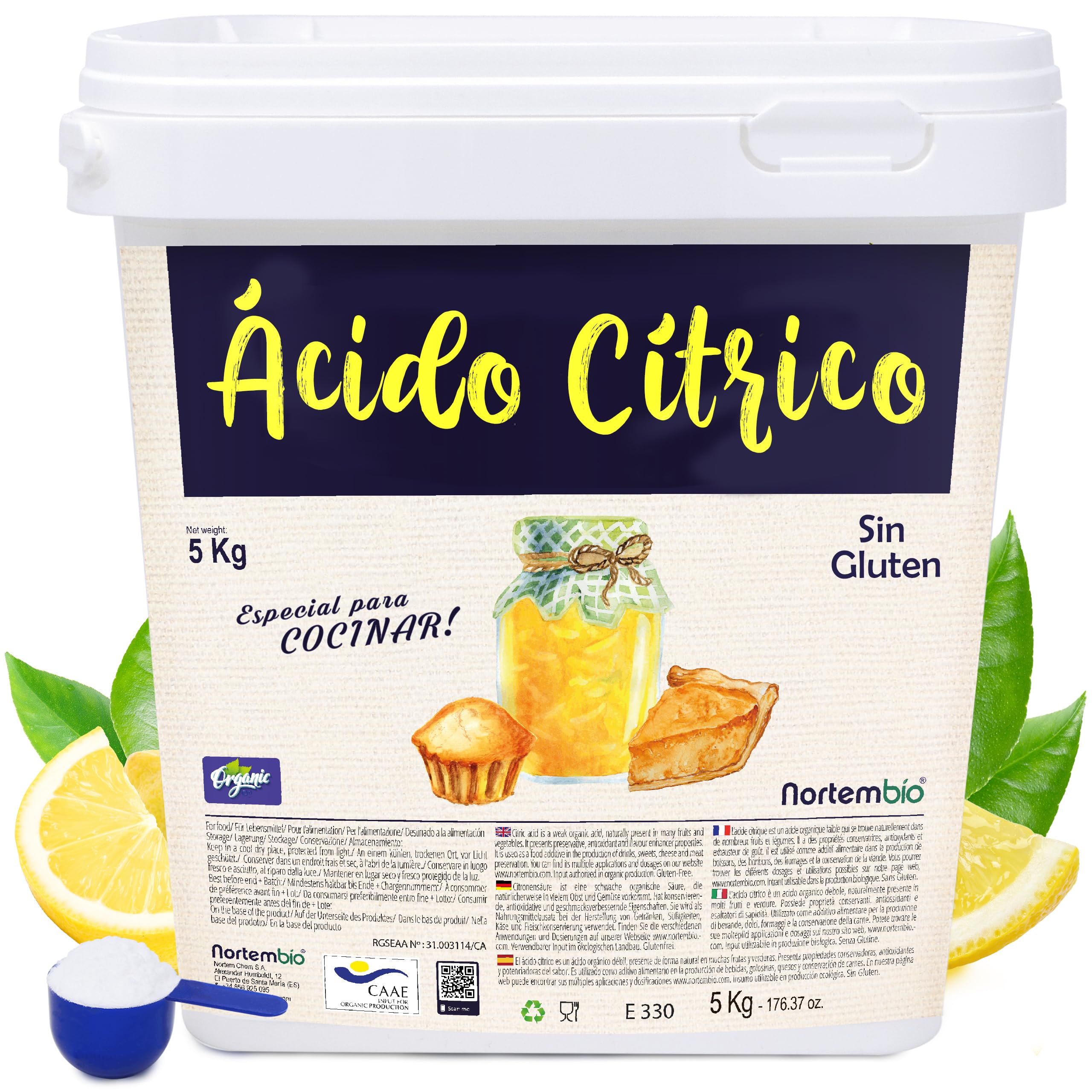 Nortembio Ácido Cítrico Alimentario en Polvo 5,2 kg – Pureza Gourmet Aditivo Culinario 100% Natural para Repostería, Bebidas y Conservas Caseras. Incluye eBook GRATIS