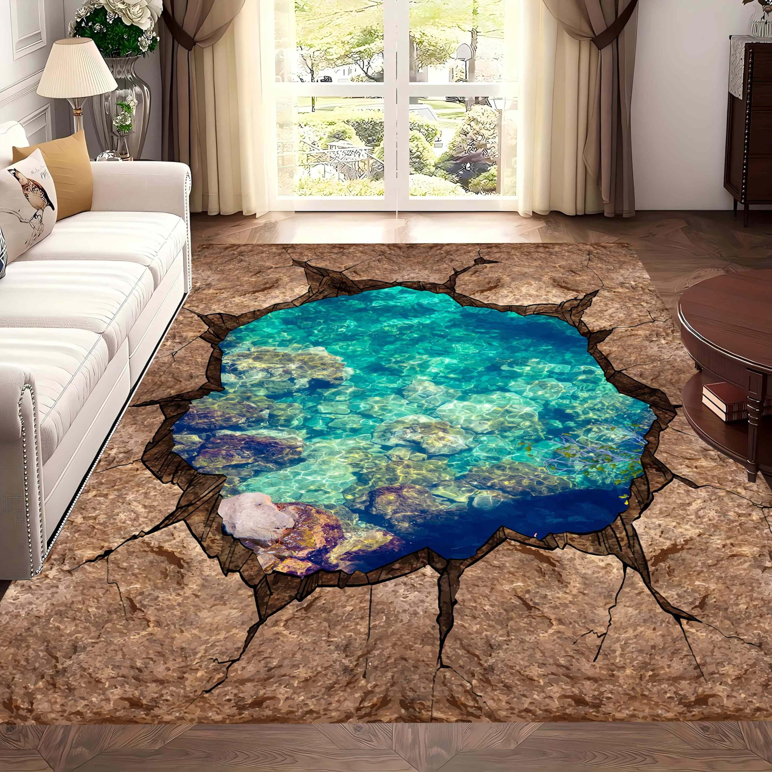 SOJAWA Optical Illusion Area Rug, 60x90cm 3D Rock Crack Abstract Design Art Rugs, Washable No Shedding Seabed Print Durable Carpet, Living Room Office Study Dormitory Hallway Carpets