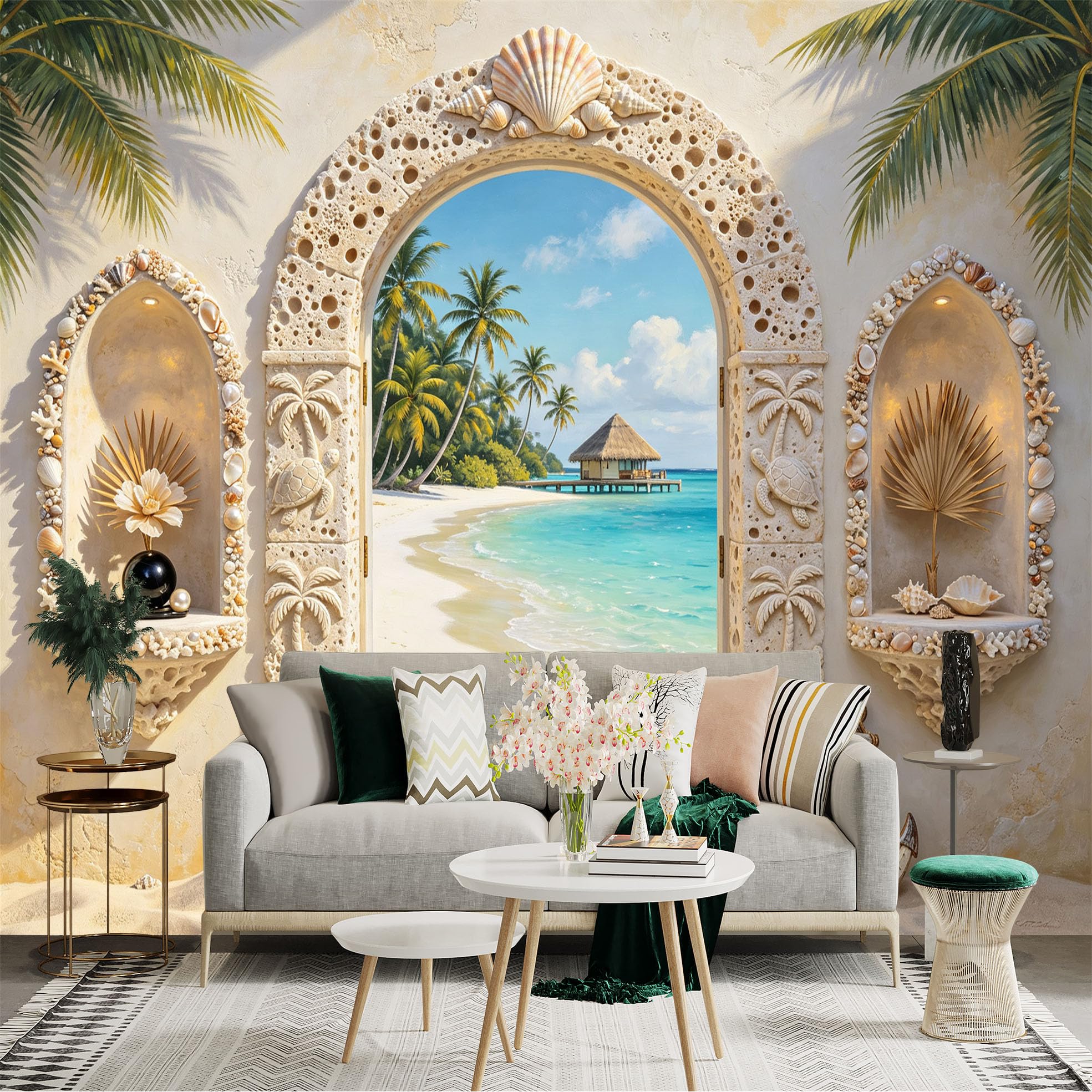 Custom Size Wall Sticker Mural， Tropical Beach Paradise with Palm Trees， Ocean View and Coastal Archway， for wall Decoration， peelandstick wall Decals.