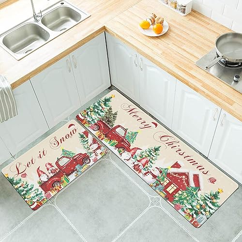 Miniatura 9 de U'Artlines Juego de 2 tapetes de cocina de Navidad, diseño de gnomo a cuadros negros, antifatiga, antideslizante, acolchados, cómodos, tapetes de