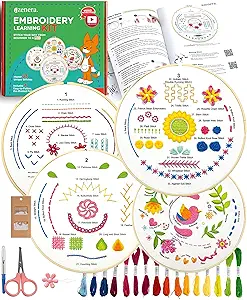 Azenera Beginner Embroidery Kit (4 Pack) Learn 33 Stitches with Easy DIY Video Tutorials, Coloured Design Patterns, Thread Floss, Cross Stitch Hoop, Gift (AZA100)
