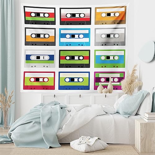Ambesonne Tapiz de los años 90, composición de cintas de audio de plástico retro, tema de entretenimiento de tecnología antigua, colgante de pared