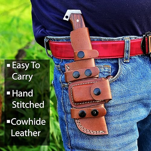 Miniatura 5 de Cuchillo de caza con funda de cuero  Gancho intestinal hecho a mano, cuchillo de acero de Damasco de espiga completa  Cuchillo de hoja fija