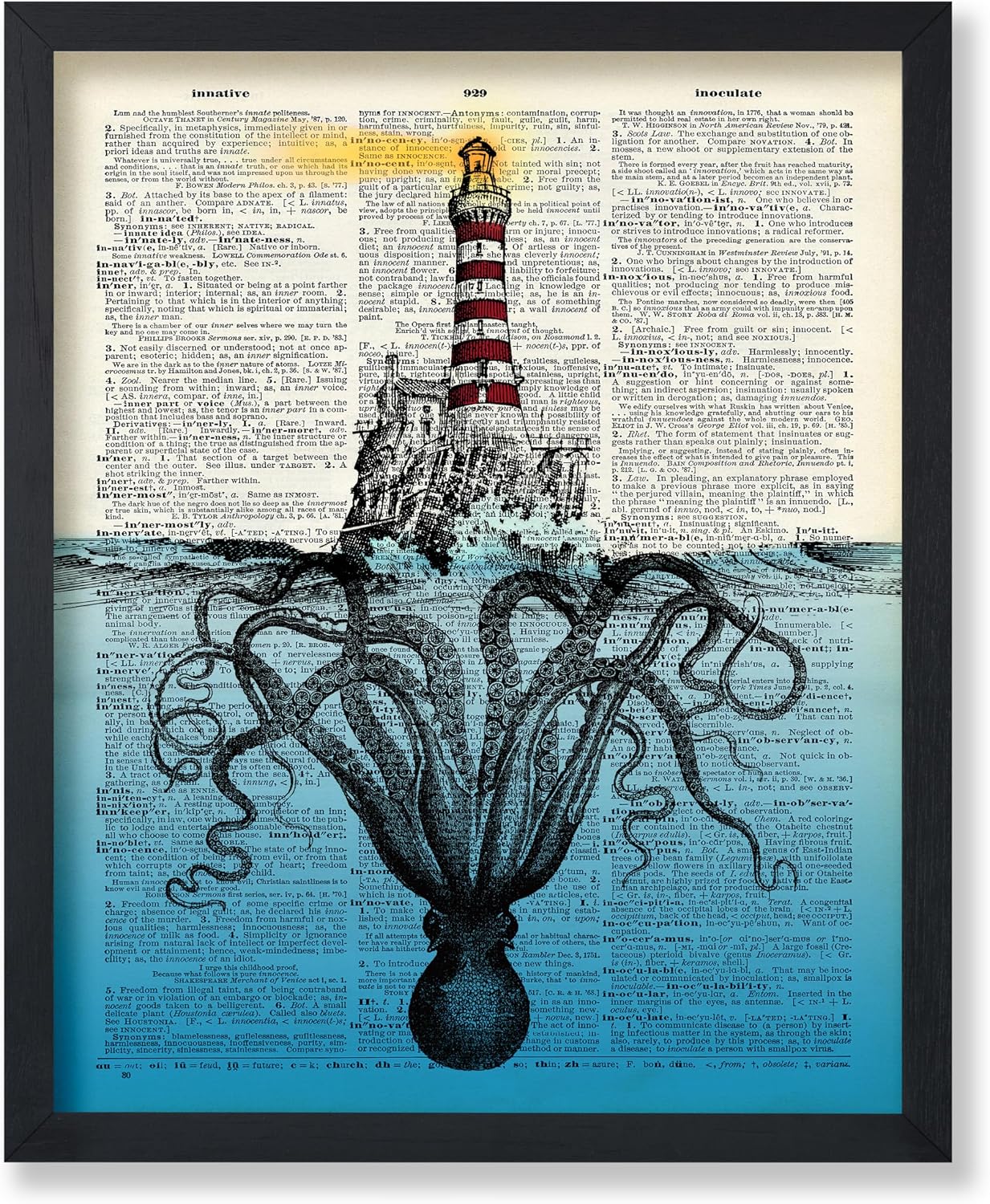 Poster Master Giant Octopus Under Lighthouse Print - Dictionary Poster - Kraken Art - Aquatic Gift for Men, Women - Nautical Decor for Bathroom, Ocean or Beach House - 8x10 UNFRAMED Wall Art