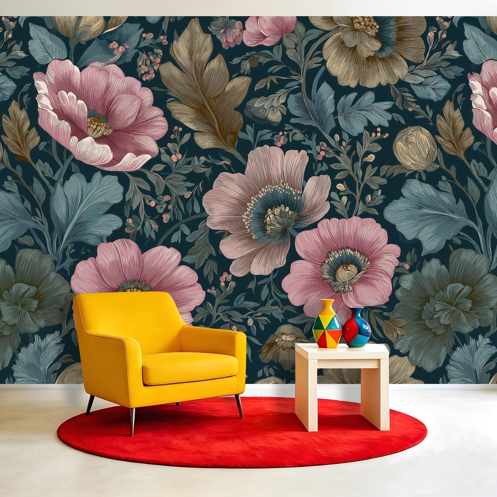 Panoramiczna tapeta w stylu retro barokowym, 350 x 256 cm, tapeta dekoracyjna do salonu i sypialni, efekt 3D, kwiaty, dzikie kwiaty, rośliny gałęzie liści