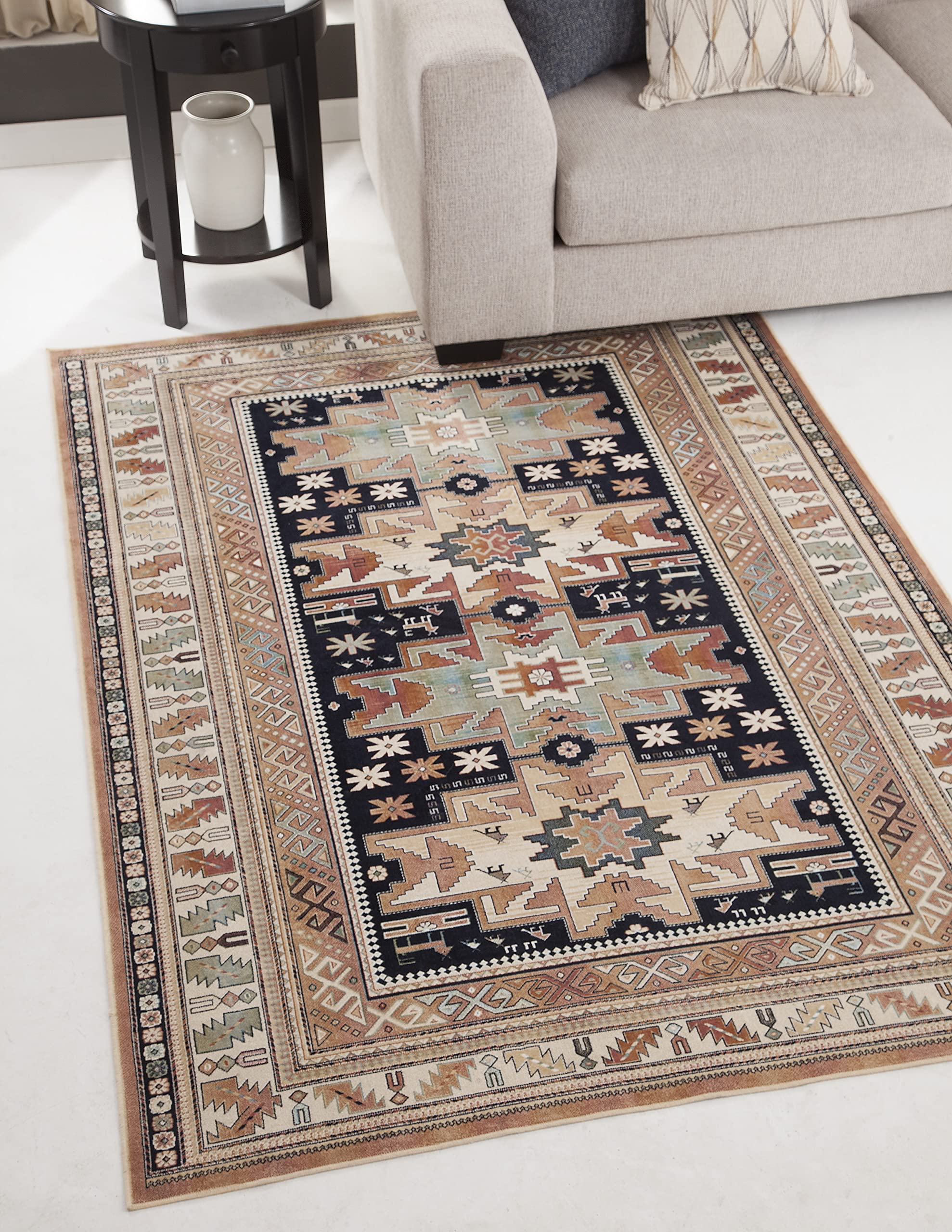 AbaqCasaSonoma Gypsy Rust, Black, Ivory, Aqua Viscose Area Rug, 3'2" x 4'6"