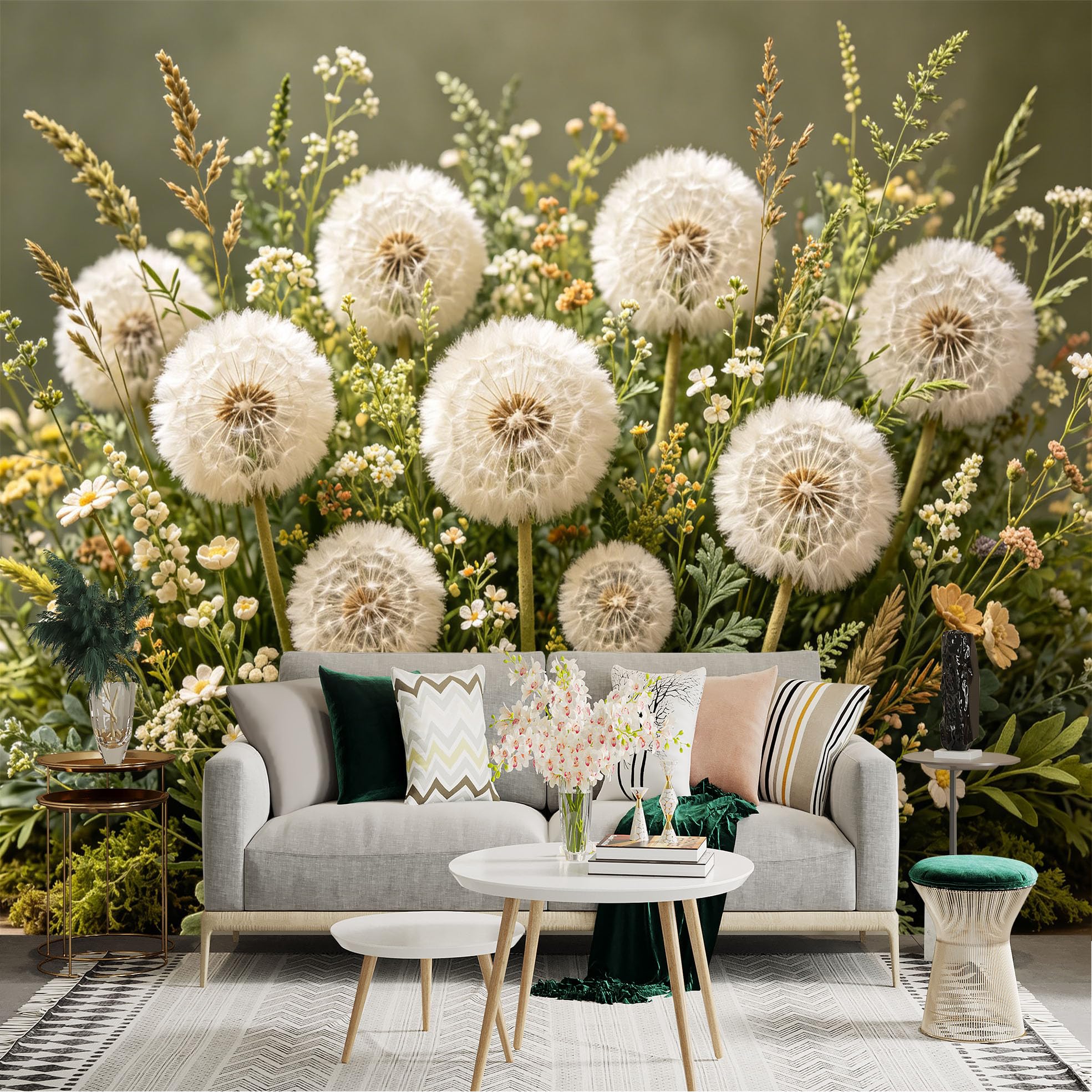Custom Size Wall Sticker Mural， Fluffy White Dandelion Flower Heads， Wild Spring Meadow Botanical Art， for wall Decoration， peelandstick wall Decals.
