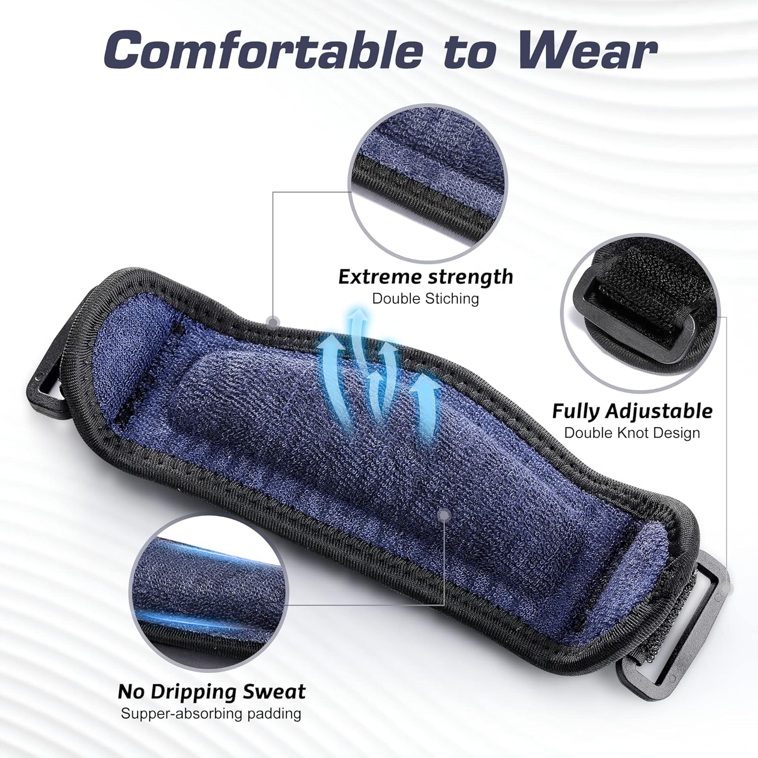 Close-up of the knee strap highlighting extreme strength double stitching, fully adjustable double knot design, and supper-absorbing padding for no dripping sweat.