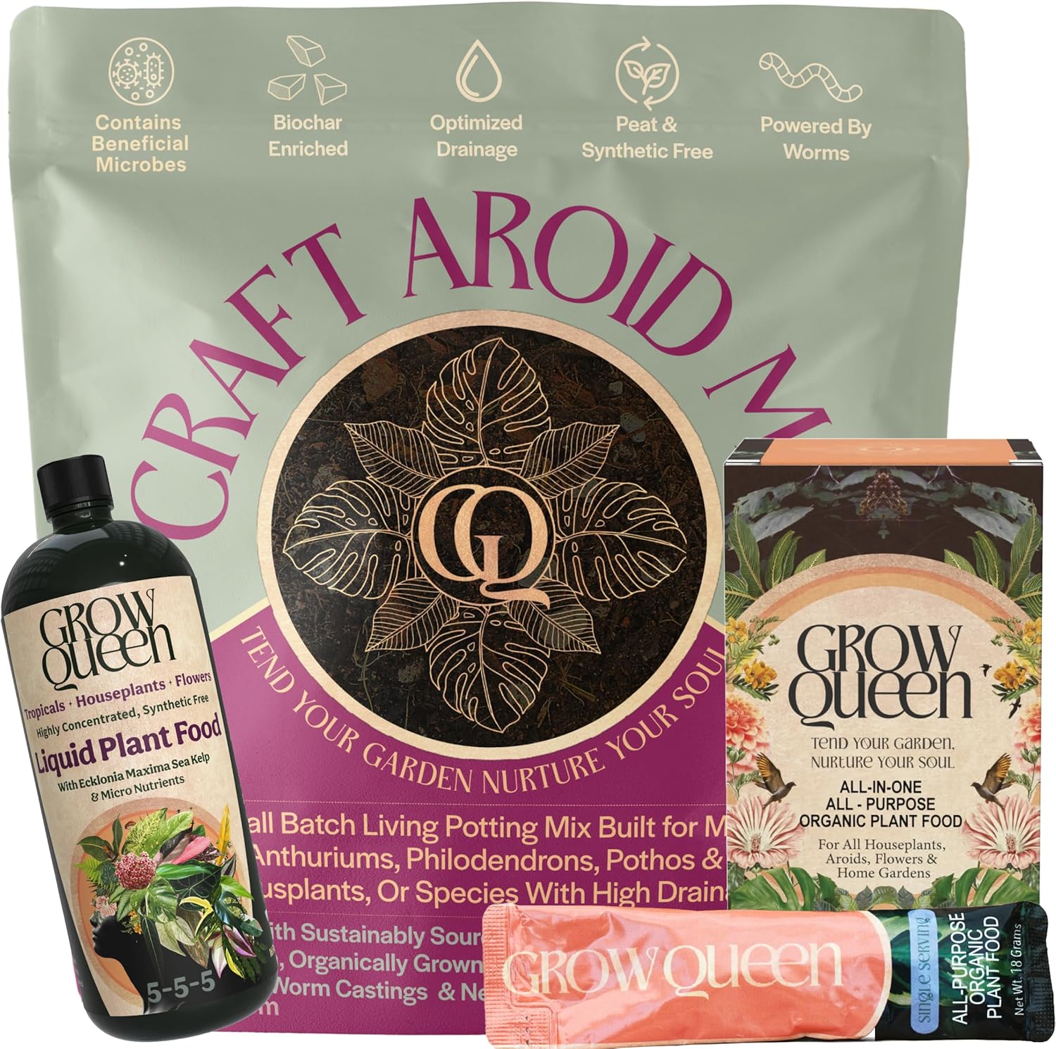 Perfect Plant Health Trio – Organic 5-5-5 Liquid Plant Food + All-in-One Dry Fertilizer + Premium 8-QT Aroid Mix – Universal, Sustainable, Pet-Safe Growth System