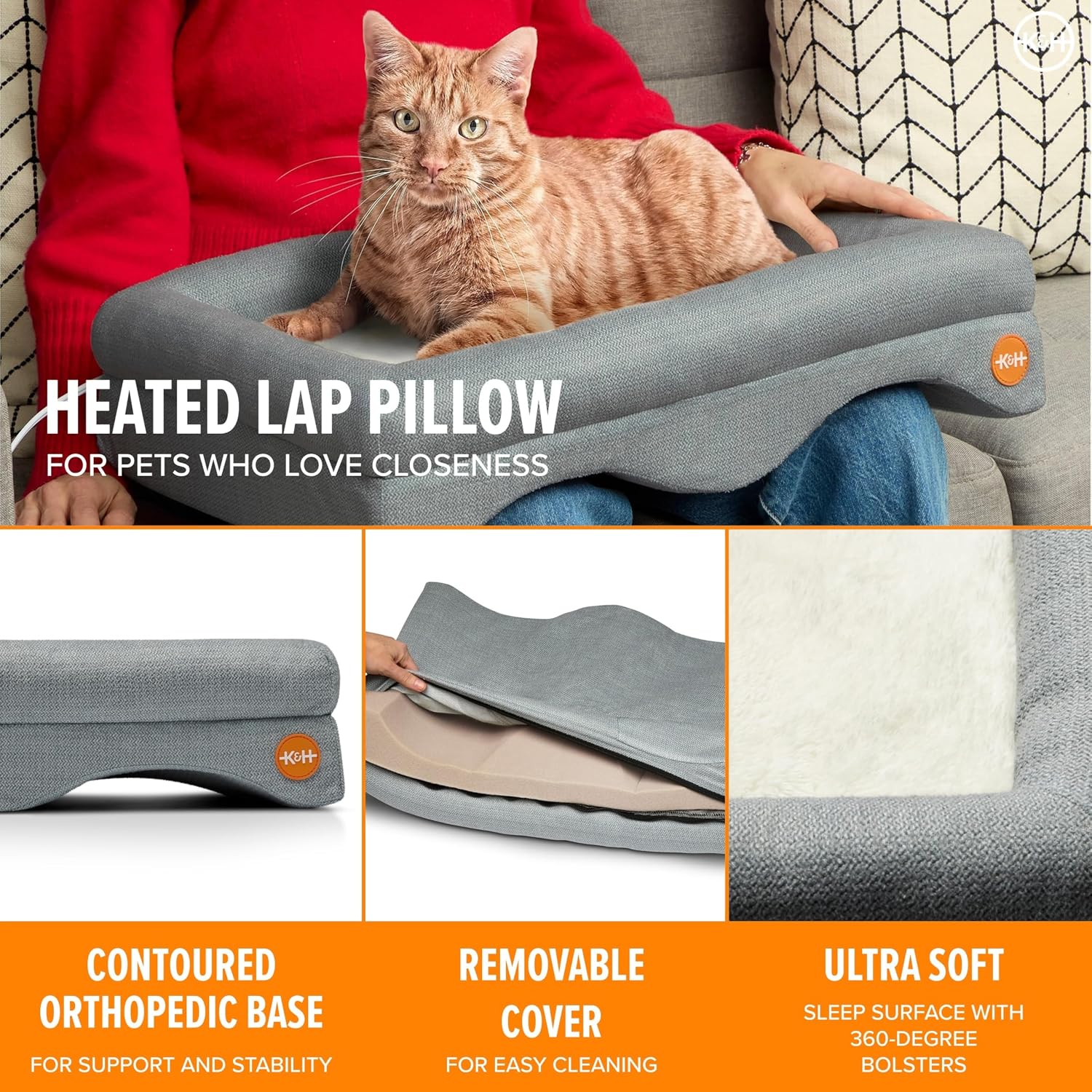 K&H Heated Cat Lap Bed - Indoor Thermo Pet Pillow Orthopedic Bolstered Lap Bed with Removable Waterproof Cat Heating Pad, Indoor Warming Couch Bed, Machine Washable, MET Listed - 23" x 15"