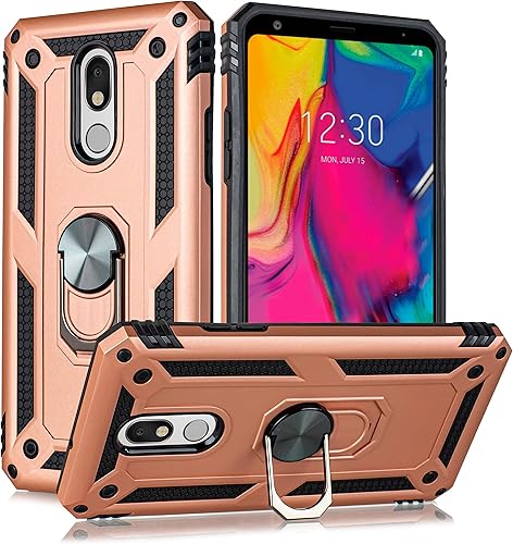 Funda compatible con LG Stylo 5 + vidrio templado, armadura magnética de doble capa 2 en 1 y soporte de anillo de metal giratorio de 360 grados y