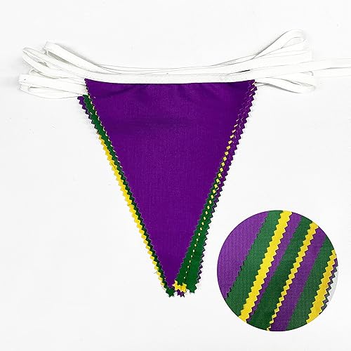 Miniatura 2 de Banderín de tela de 32 pies, color amarillo, verde, morado, banderines triangulares, guirnalda para fiesta de Mardi Gras, Mardi Gras, cumpleaños,