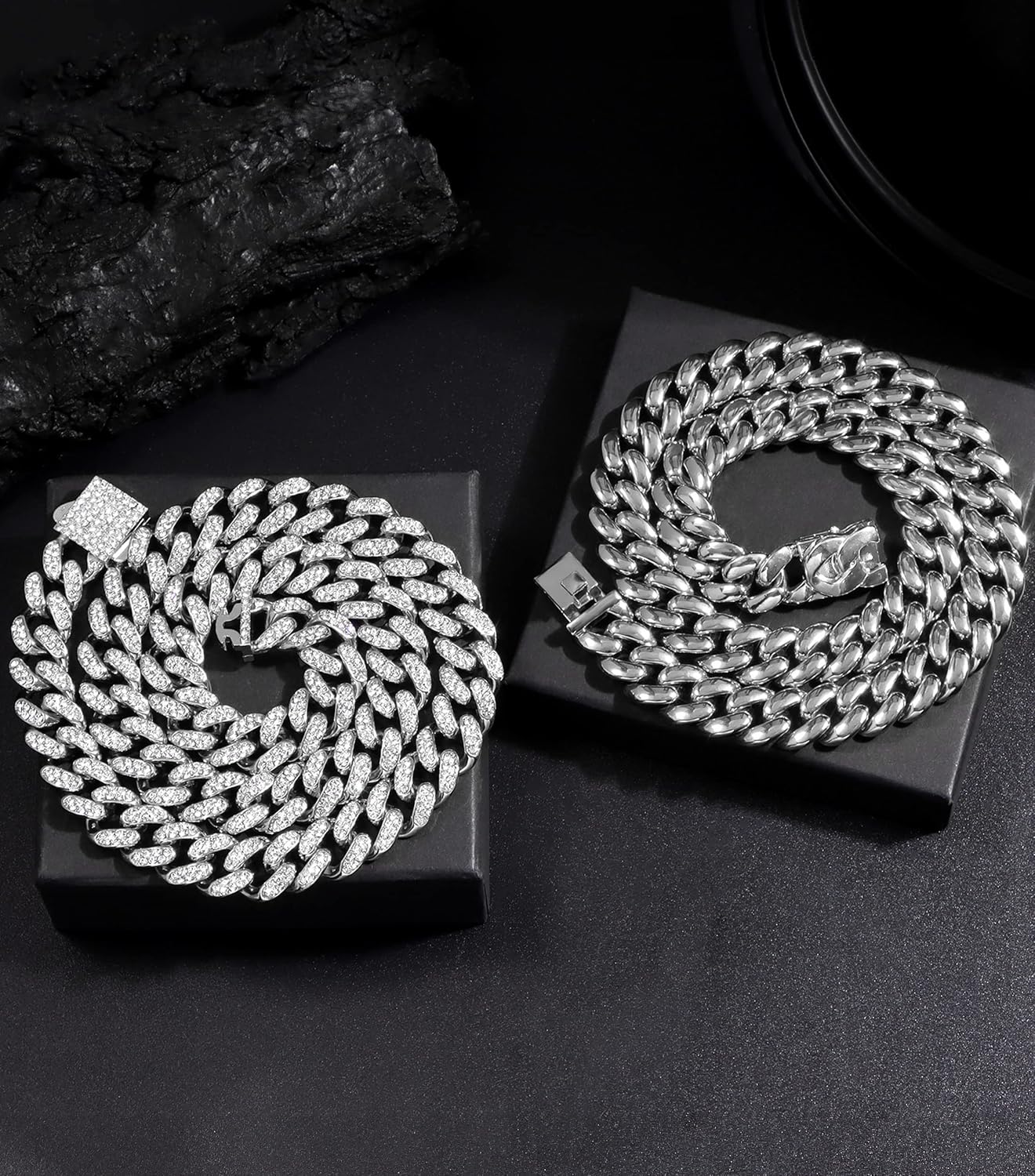 2PCS Cuban Link Chain for Men Women Miami Cuban Link Chain Necklace Gold Silver Plated Bling Diamond Chain Trendy Choker Chain Necklaces Jewelry for Men - Image 5