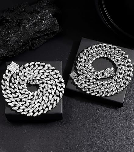 Miniatura 5 de 2 cadenas de eslabones cubanos para hombres y mujeres, collar de cadena de eslabones cubanos de Miami, chapado en oro y plata, cadena de diamantes