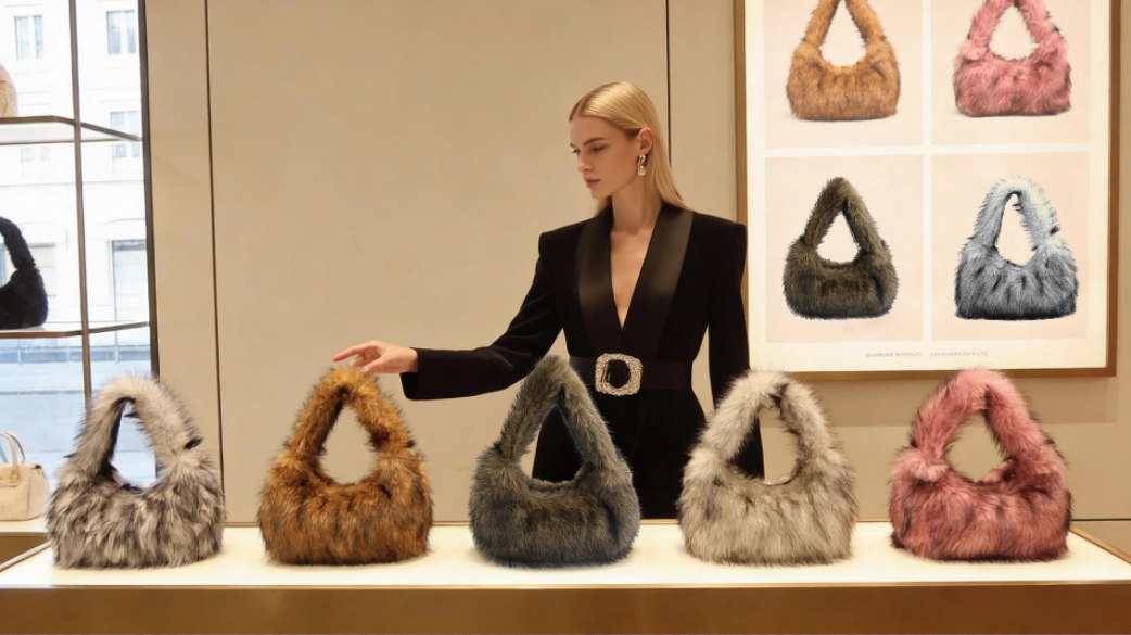Bolso mujer tipo hobo de peluche gris miniatura 7