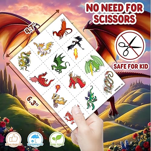 Miniatura 5 de Tatuajes temporales de dragón, suministros de fiesta de cumpleaños, decoraciones de caballero dragón, súper lindo, 88 calcomanías de tatuajes falsos