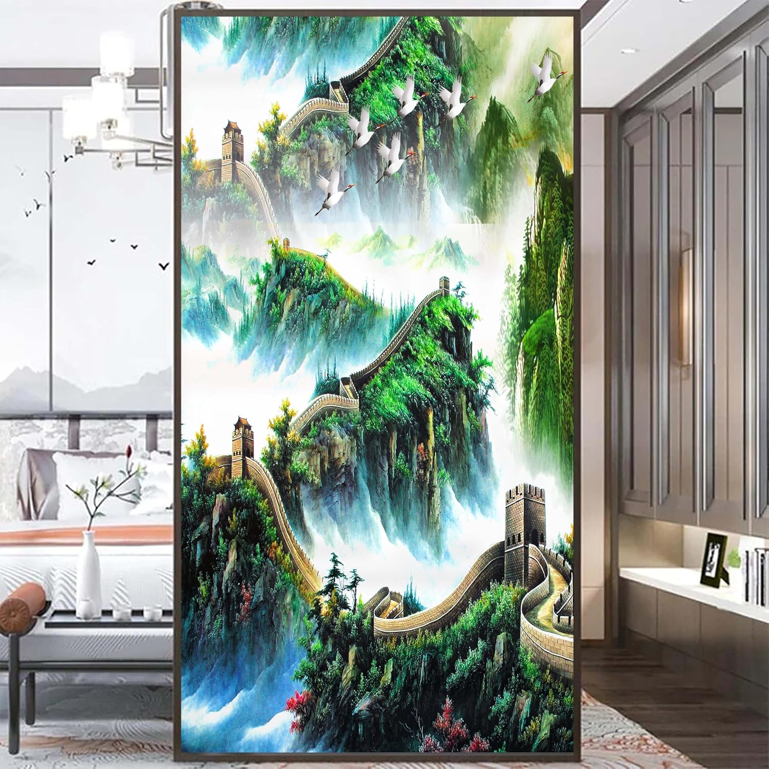 Privacy Windows Film 09A Chinese Landscape Painting Stained Glass No Glue Static Cling Decorative Window Stickers 89x180cm(35"" x70.9)