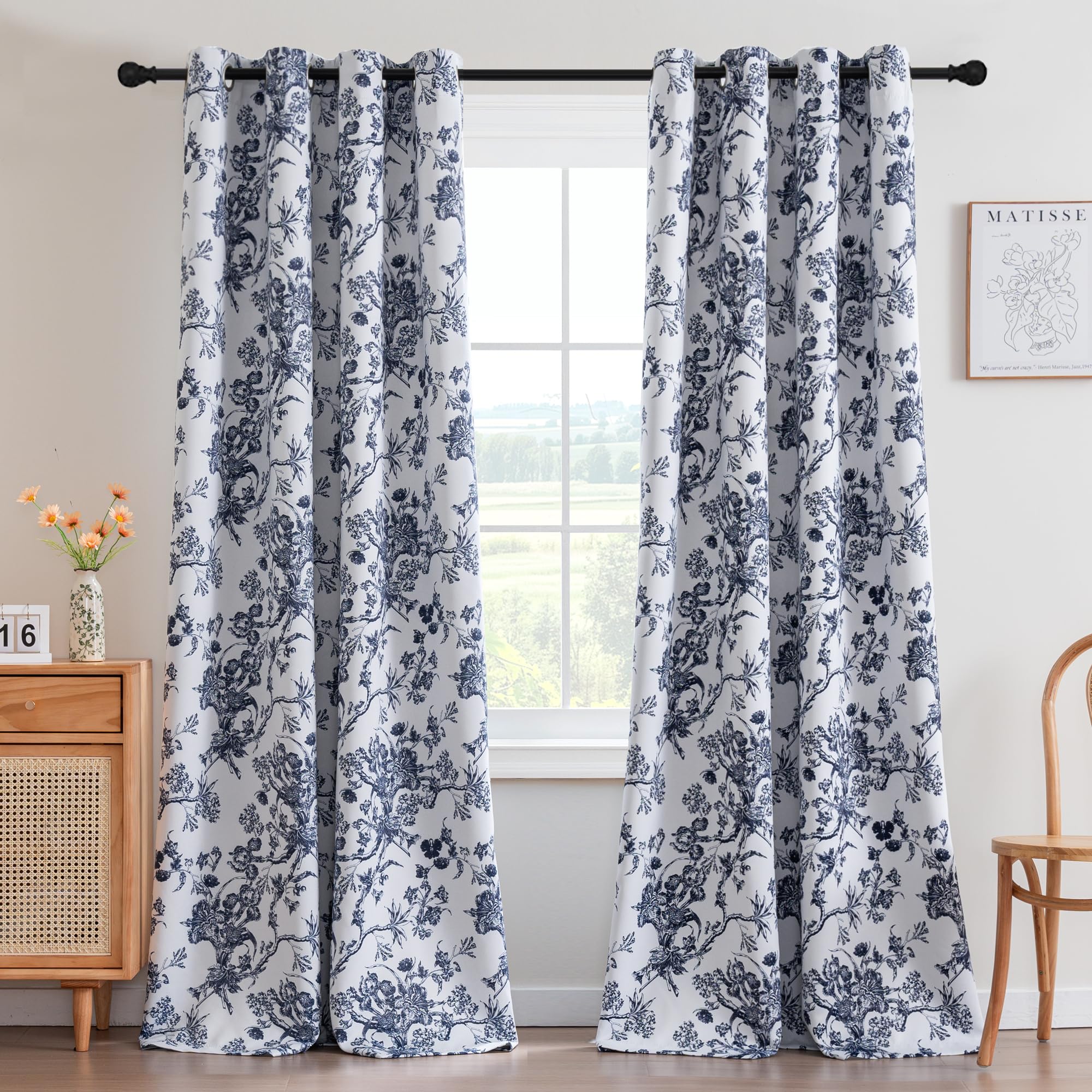 H.VERSAILTEX Blackout Curtains 84 Inch Length 2 Panels Set, Floral Print Drapes Farmhouse for Living Room, Grommet Room Darkening Curtains Vintage Boho Window Treatment(2 Panels, Navy)