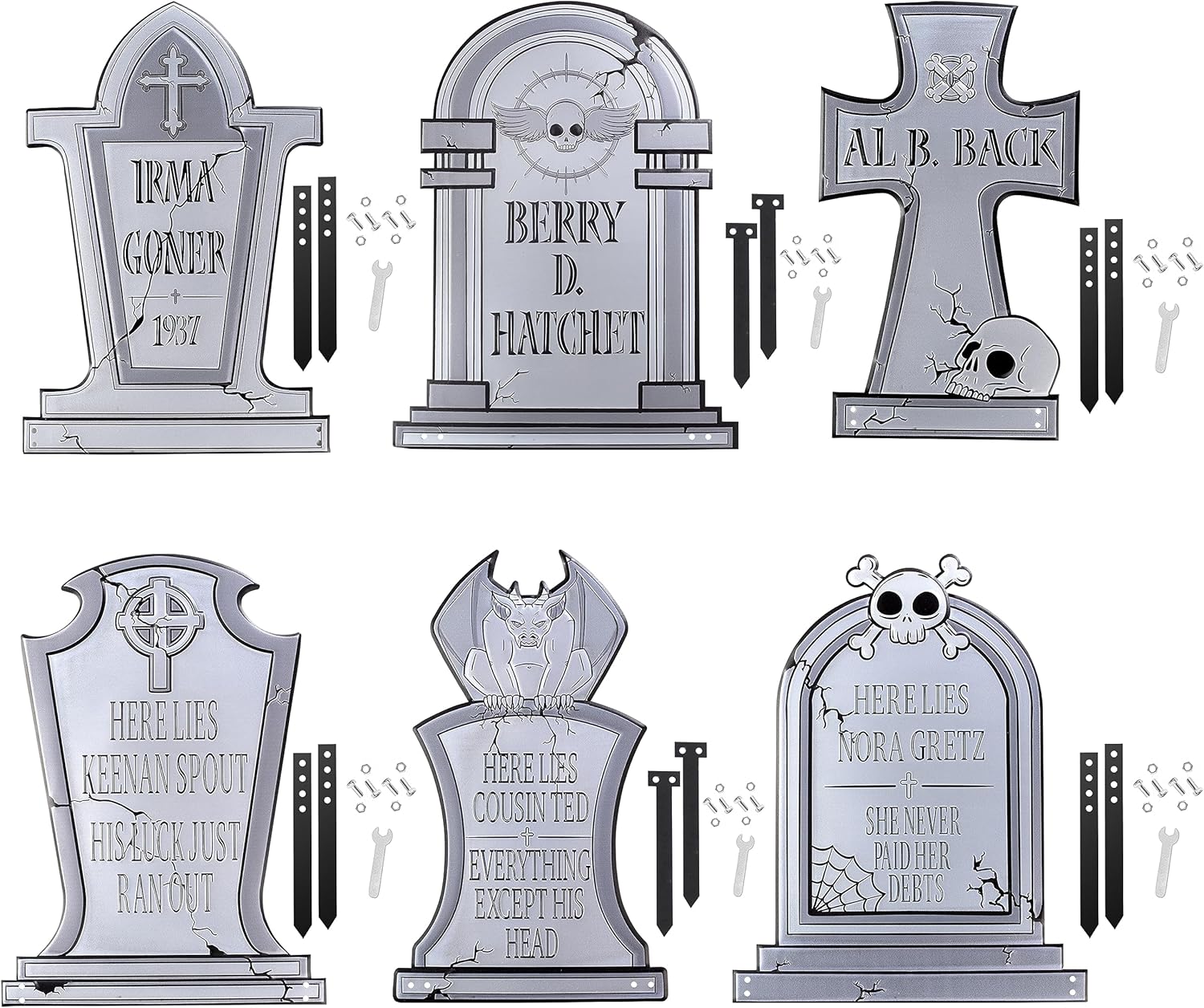 3-D Metal Halloween Ghost Cemetery 17" Tombstones -Full Set of 6 w Stakes- Durable, Rustproof, UV Raised Printing-Upgrade Your Haunted House Mansion Cemetary Lawn Decor- No More Flimsy Foam Graveyards