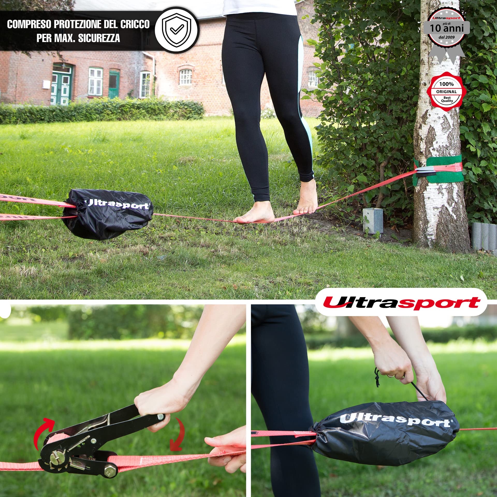 Ultrasport Slackline 15m-25m Set Completo con Cricchetto e Borsa Trasporto, Certificato TÜV GS