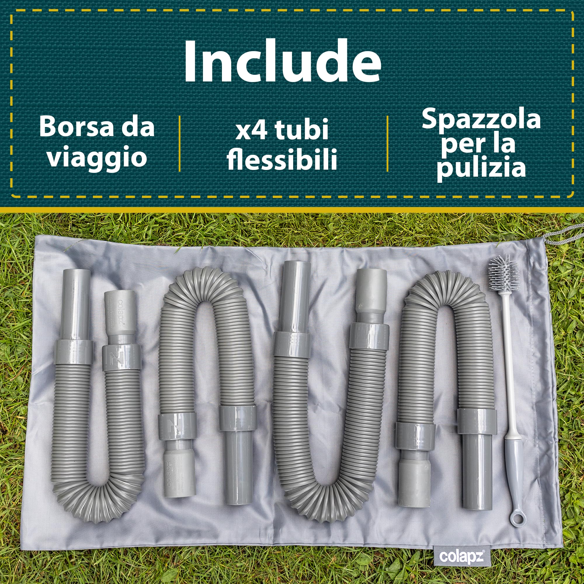 Colapz Accessori Roulotte – Kit 4 Tubi Flessibili Estensibili per Scarico Acque Reflue Camper e Roulotte, Gomma Morbida con Borsa e Spazzola Pulizia