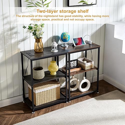 Miniatura 4 de VECELO Mesa auxiliar alta con estación de carga, mesa auxiliar con puertos USB y tomacorrientes, mesita de noche de 30 pulgadas de altura con