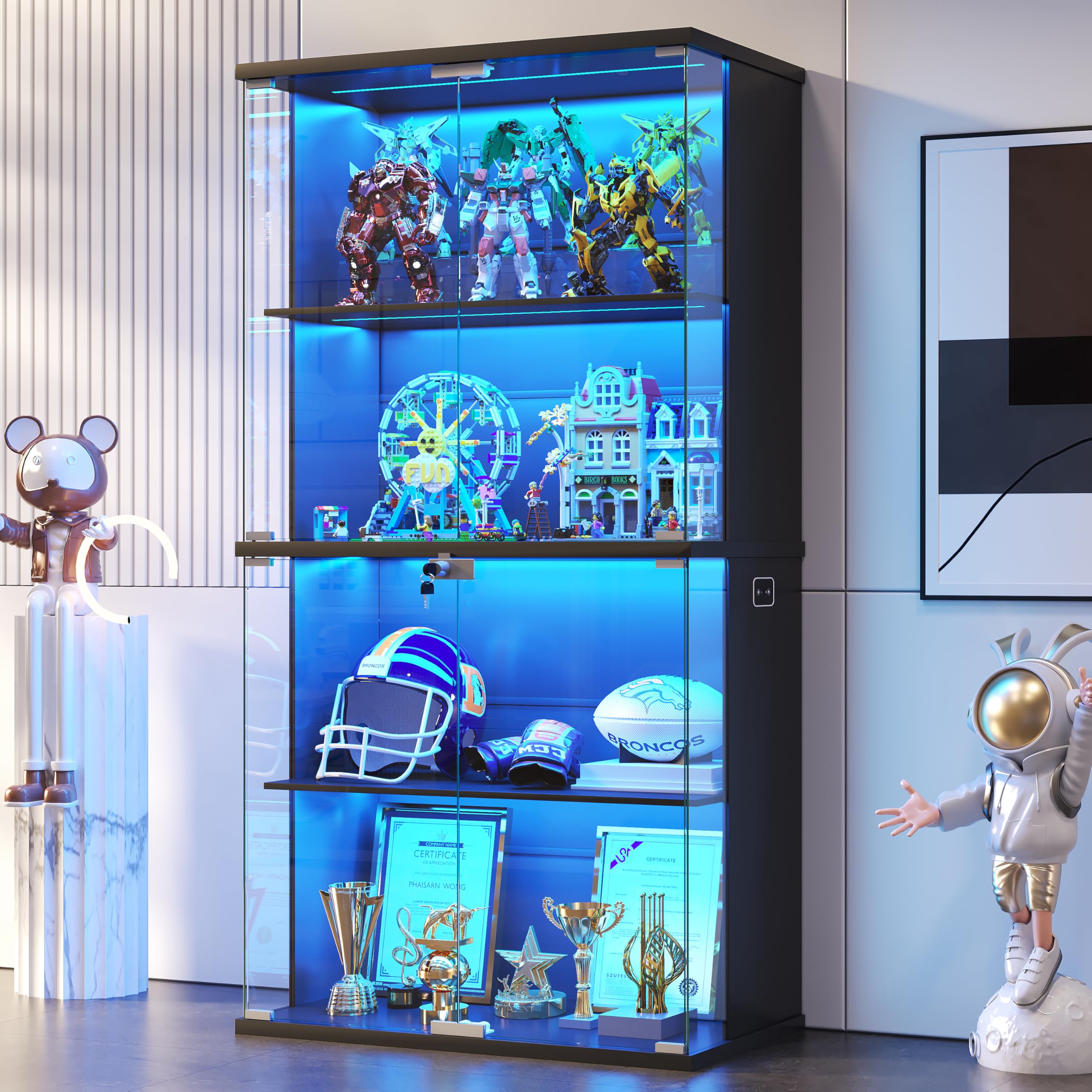 4-Tier Glass Display Cabinets with LED Lights Human Sensor for Collectibles
