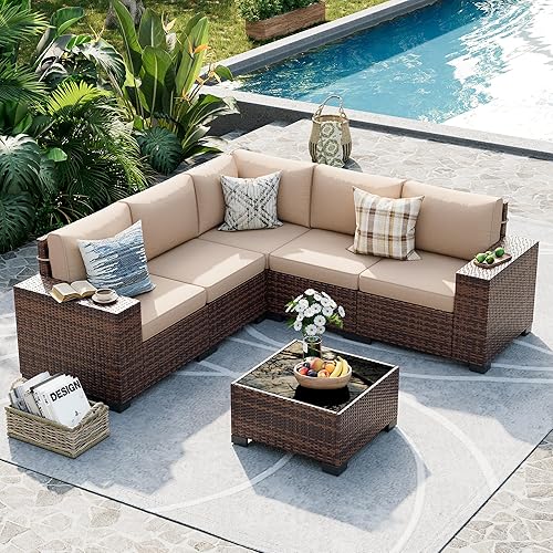 UDPATIO Patio Furniture Set, 8 Inch Armrest Outdoor Sectional Sofa, 6 Piece Wicker Outdoor Furniture Conversation Sets with Waterproof Cover and Coffee Table for Backyard Deck(Brown/Khaki)