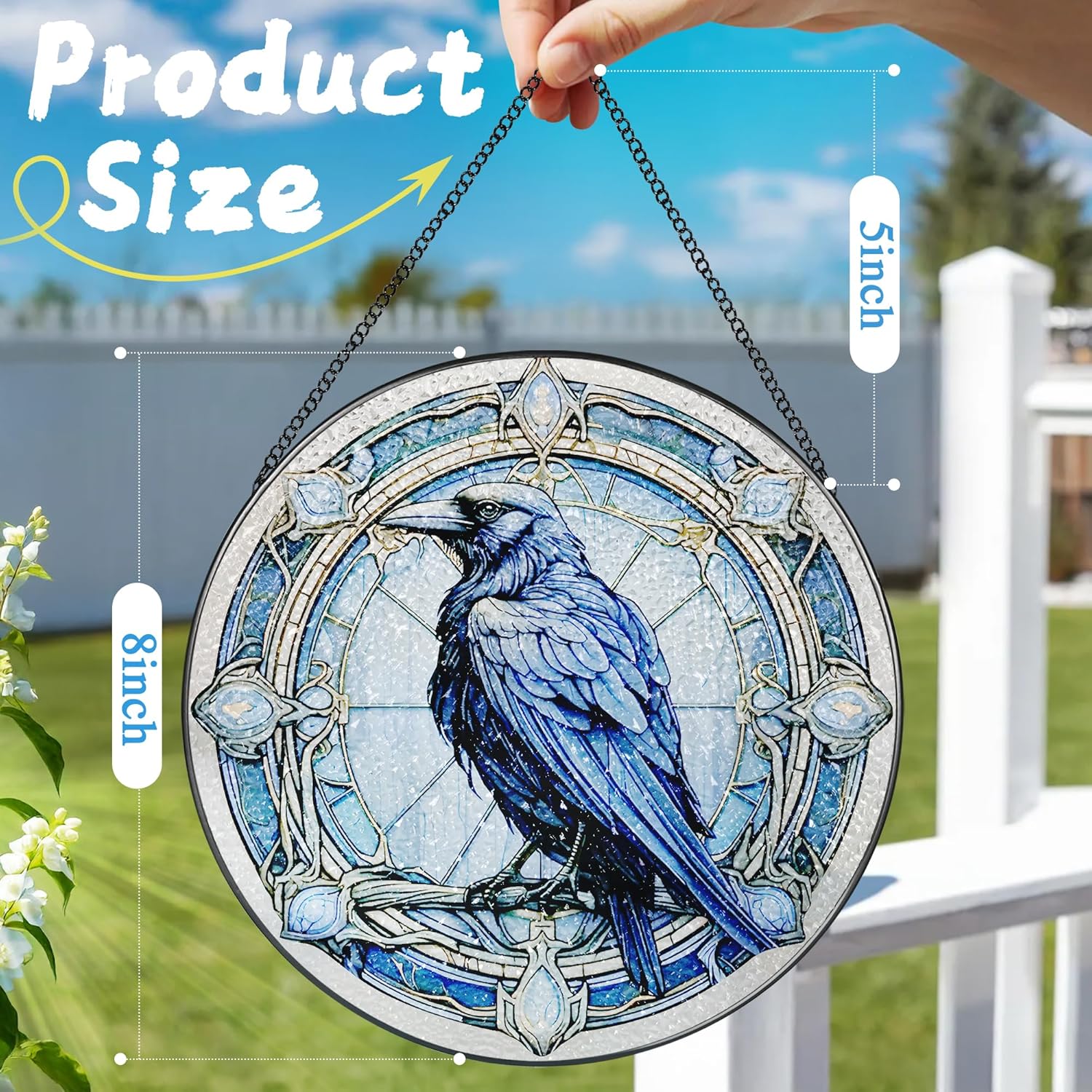 8 Inch Stained Glass Suncatcher Ornament, DOUHASU Crow Sun Catchers Indoor Window, Stained Glass Window Hanging, Home Decor, Bird Lovers Gifts for Women, Men - Image 4