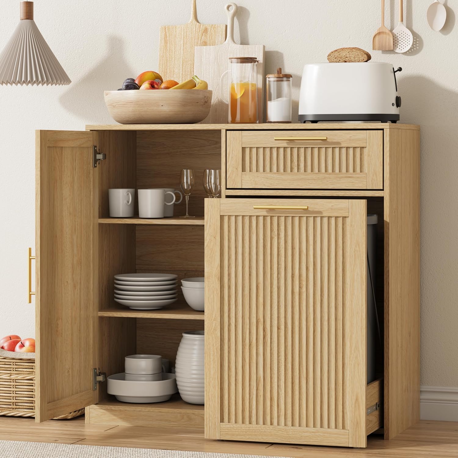 13 Gallons Pull Out Trash Can Cabinet with Storage, Fluted Kitchen Trash Cabinet with Adjustable Shelf & Drawer, Hidden Wood Pet Proof Trash Can Holder for Laundry, Living Room, Natural Oak