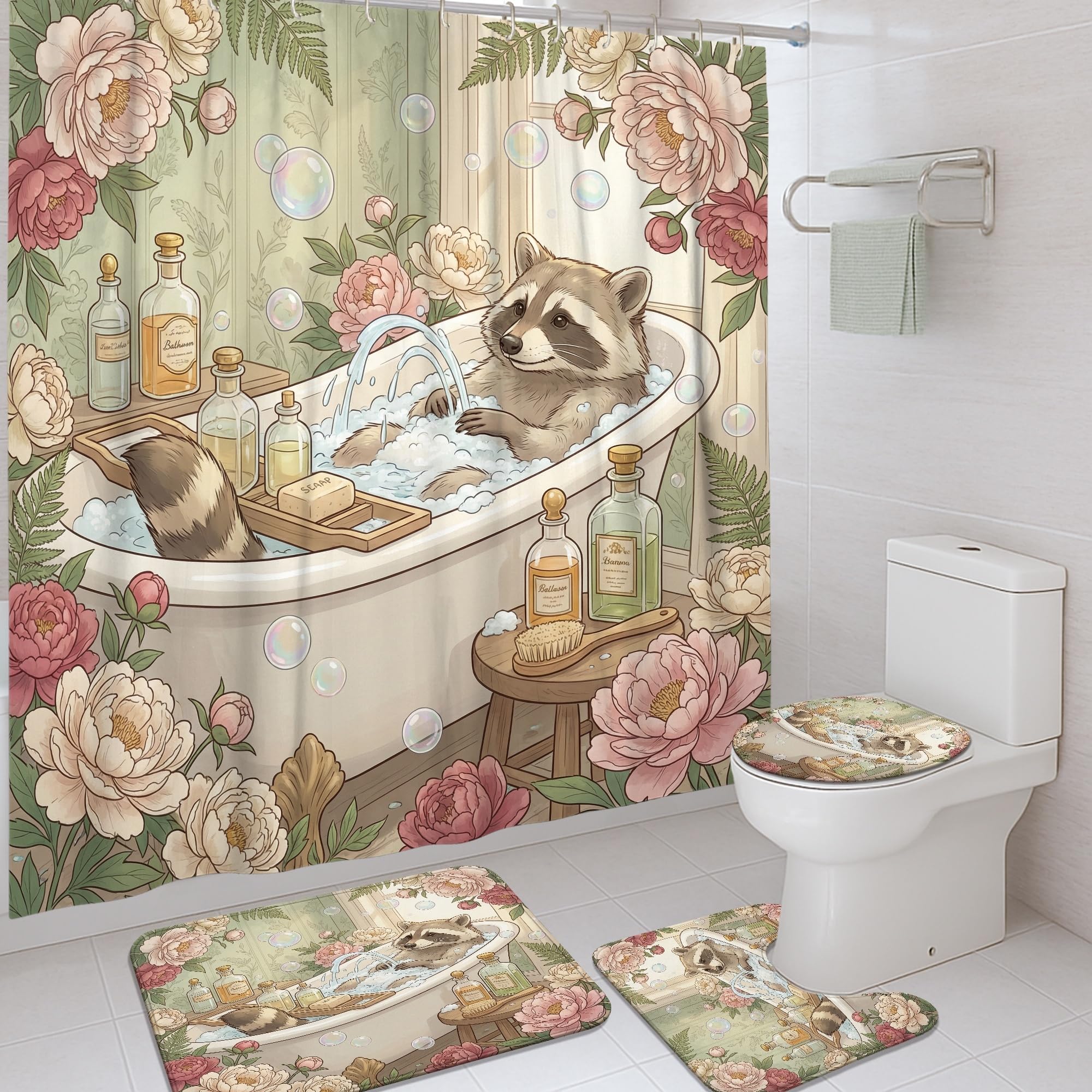 Tapis de bain et rideau de douche lavable motif pivoine 183 x 183 cm