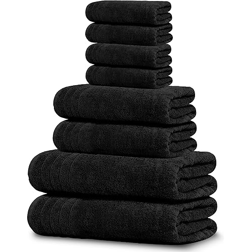 Tens Towels Pack of 8 Towels Set, 2 Extra Large Bath, 2 Hand, 4 Washcloths, 100% Cotton, Lighter Weight, Quicker to Dry, Super Absorbent, Perfect for Bathroom, Black