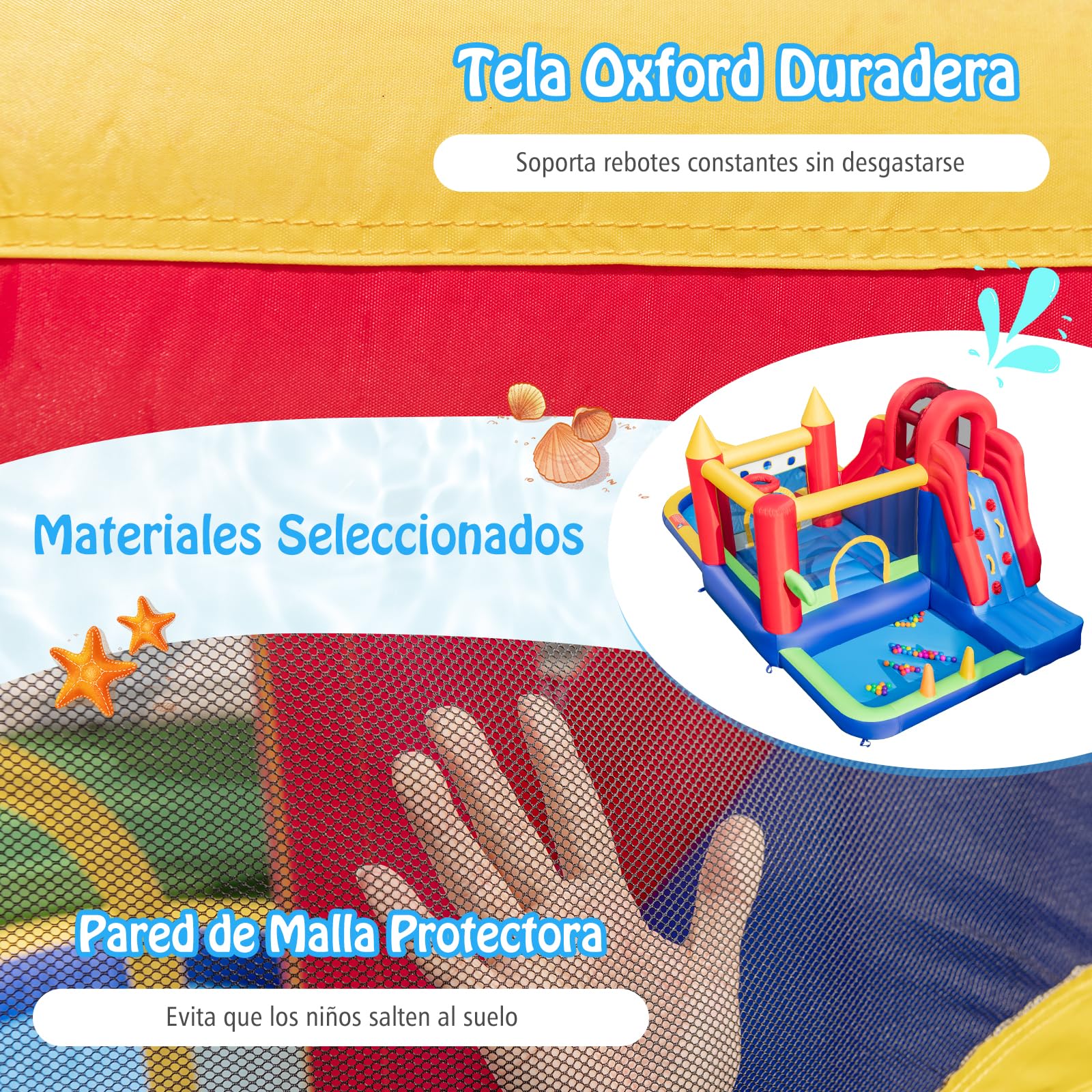 GOPLUS Castillo Hinchable Acuatico para Niños de 3-10 Años, Castillo Inflable con Tobogán Seco/Acuático, Canasta de Baloncesto, Pared de Escalada, Disco de Boxeo, Piscina Infantil, con Soplador
