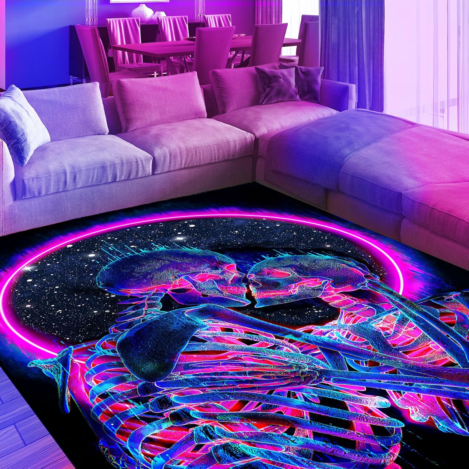 EISKBC Neon Kiss Skull Area Rug, Blacklight UV Reactive