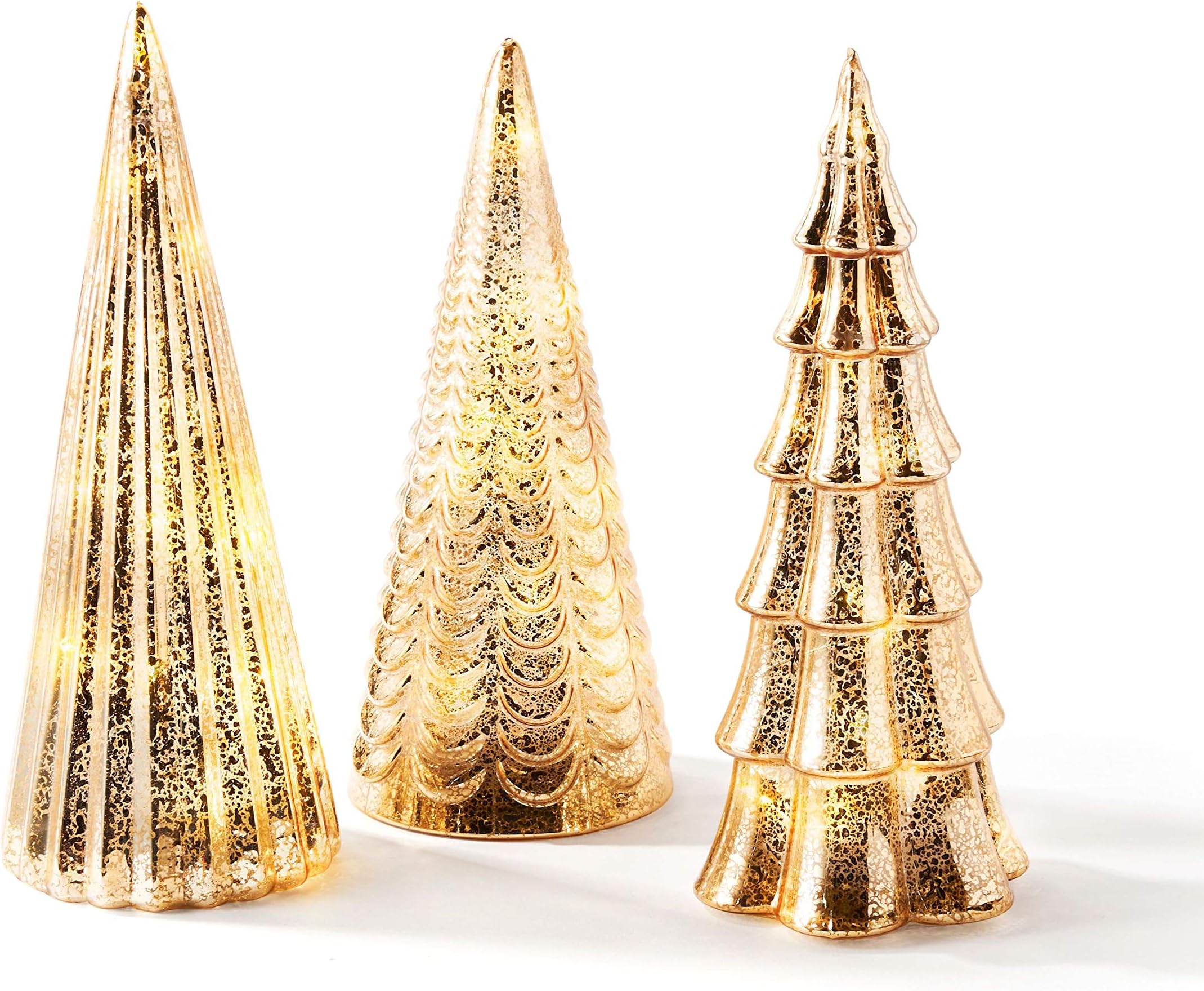 Mercury Glass Christmas Tree Decoration - Set of 3 Assorted Trees with Fairy Lights, 10 Inch Tall, Champagne Gold, Batteries Included, Holiday Table Centerpiece or Mantle Decor