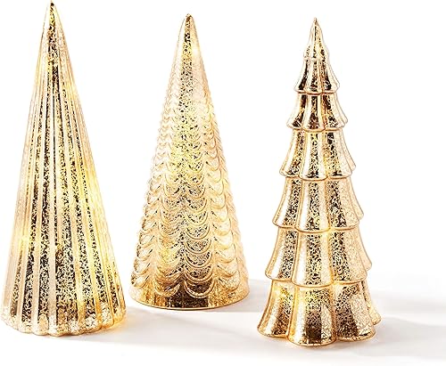 Decoración para árbol de Navidad con luces de hadas, juego de 3 árboles surtidos, 10 pulgadas de alto, acabado de mercurio dorado champán, pilas disponible en Yaxa Peru