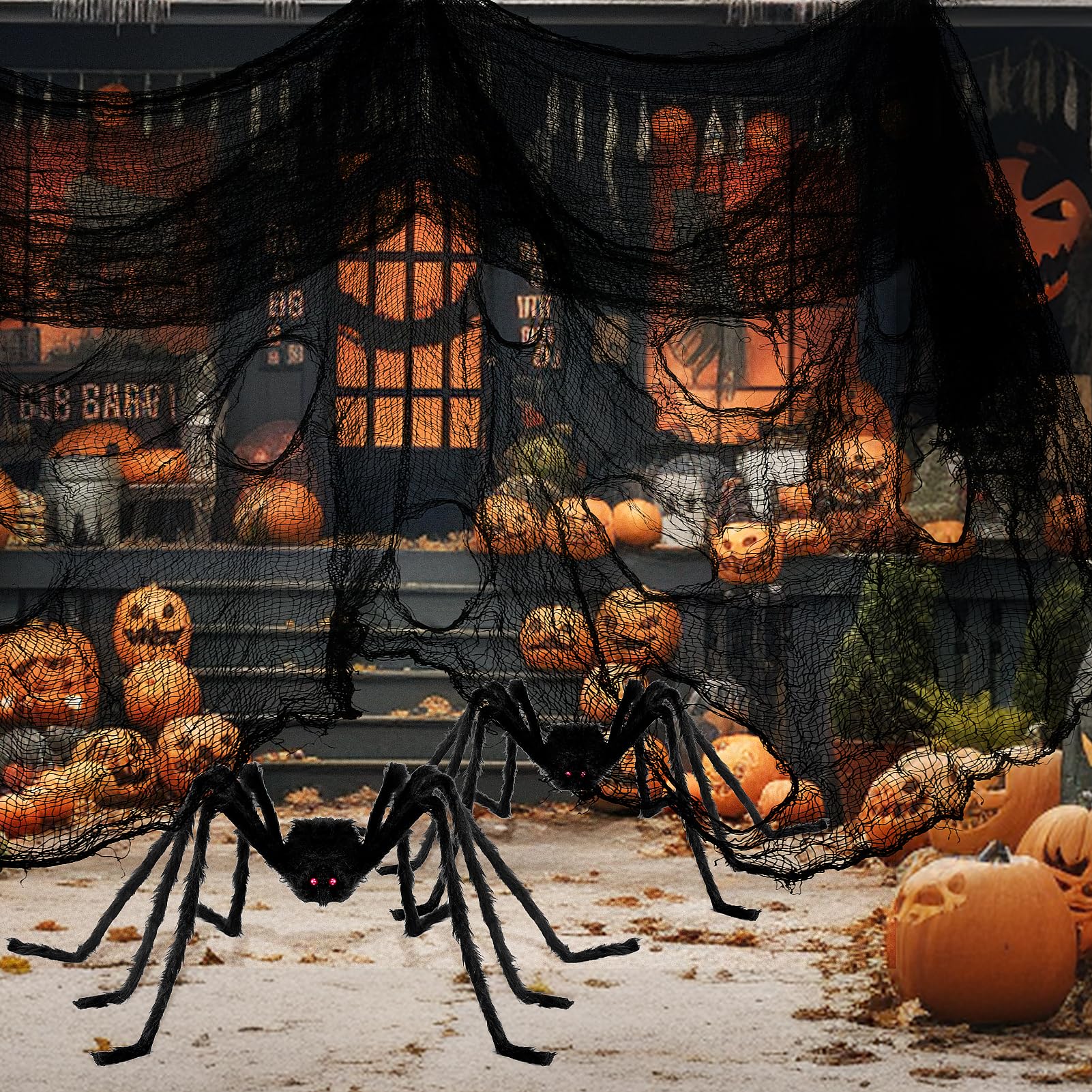 Halloween Spider Web Black Creepy Cloth, 85 x 315" Spooky Fabric Cloth Halloween Decorations Outdoor and 2 Pack Giant Spider Halloween Party Decor Large Halloween Spiders