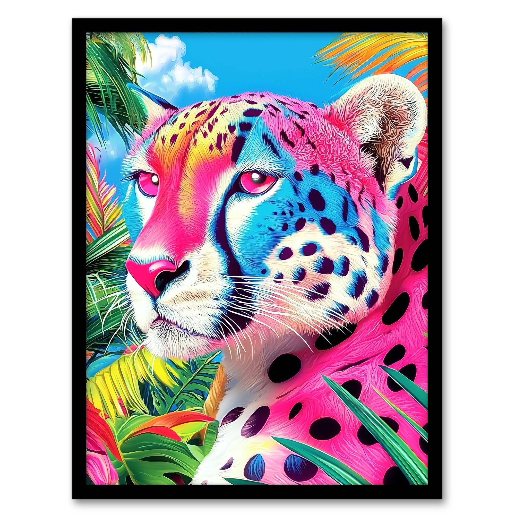 Artery8 Cheetah Jungle Plants Colourful Animal Portrait Living Room Artwork Framed Wall Art Print 18X24 Inch
